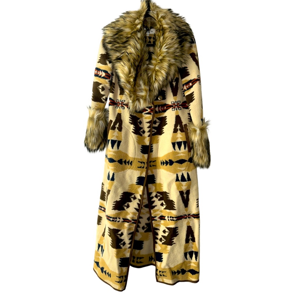 NWOT Tribal pattern long trench coat with faux fur trim